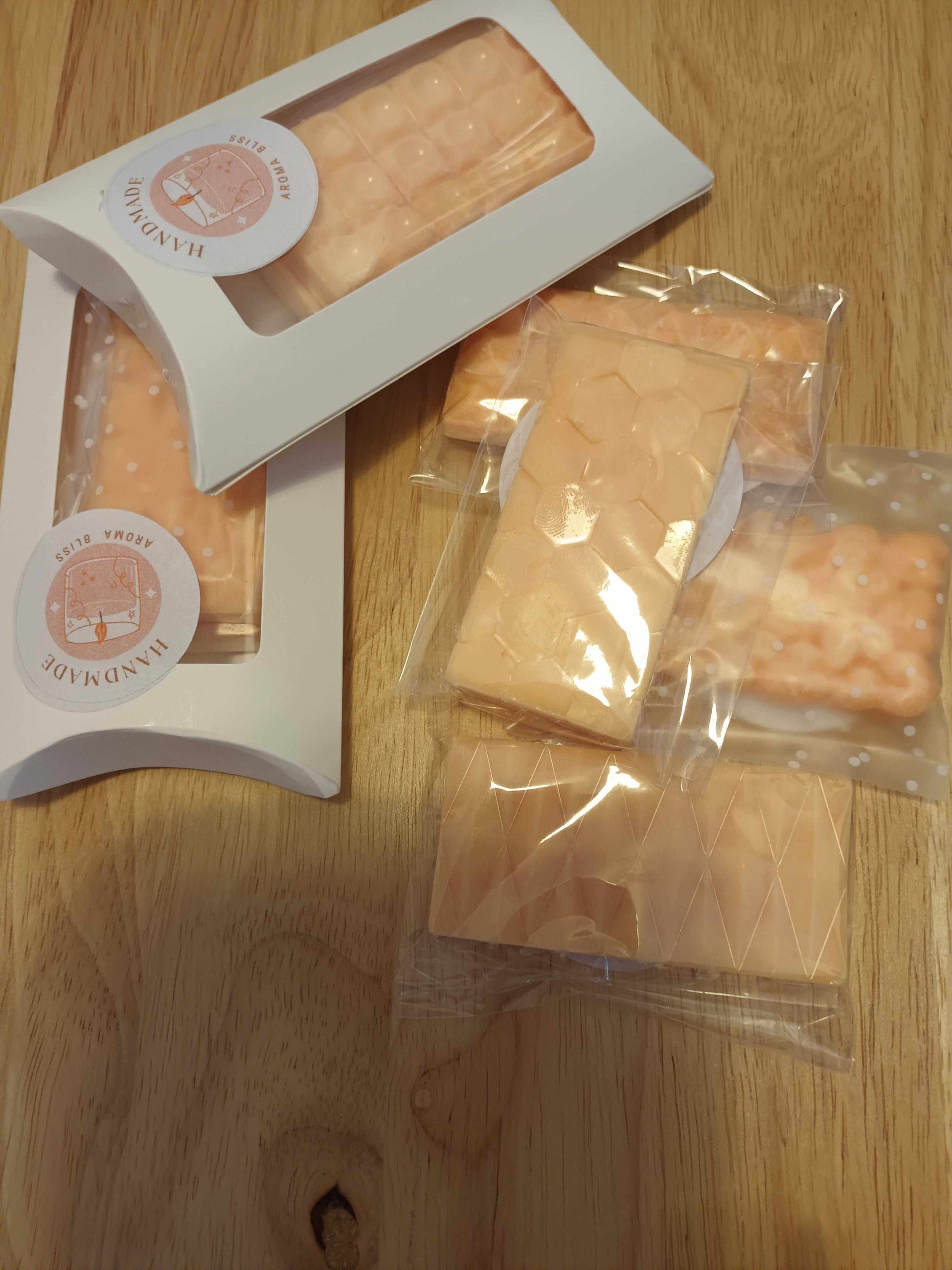 Natural soy wax melts 2 pack in chocolate bar shapes, handmade, highly scented, eco-friendly packaging